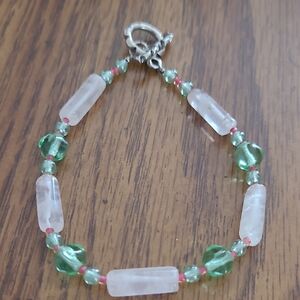 Green and Clear Beaded Bracelet with Toggle Clasp - Unbranded